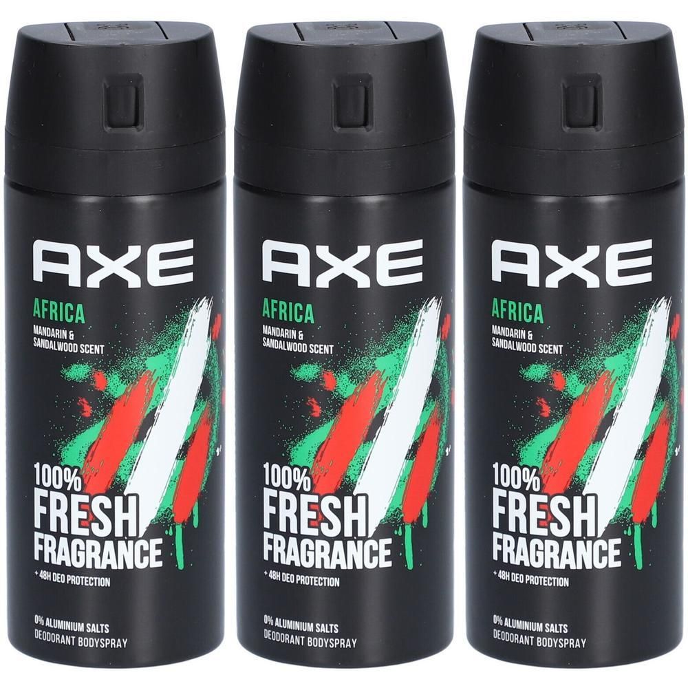 Trois déodorants noirs. Logo AXE blanc, design vert et rouge. Inscription: Africa, 100% Fresh Fragrance.