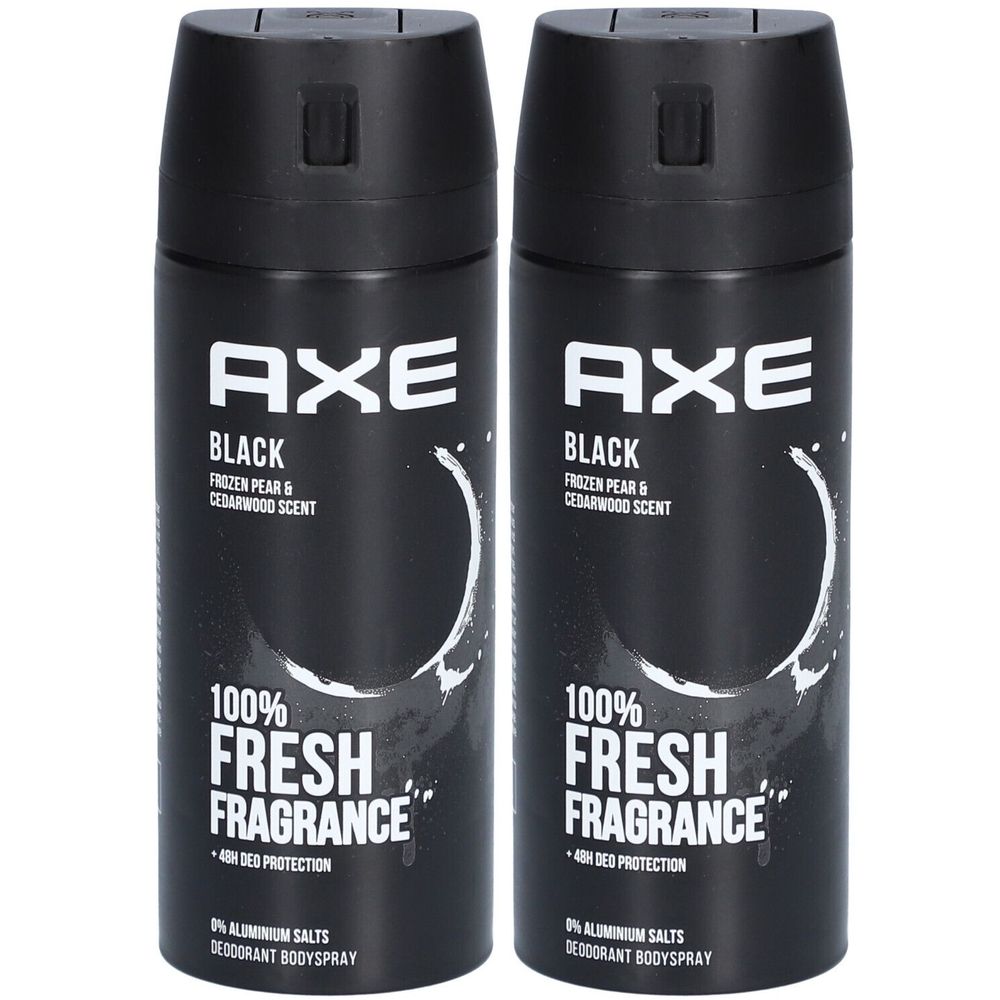 Zwei schwarze Deosprays. Aufschrift: AXE Black, 100% Fresh Fragrance, 48h Deo Protection. Ohne Aluminiumsalze. Deodorant Bodyspray.