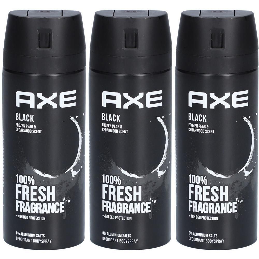 Trois aérosols noirs avec bouchons noirs. Inscription: AXE Black, 100% Fresh Fragrance, protection 48h. Sans sels d'aluminium.