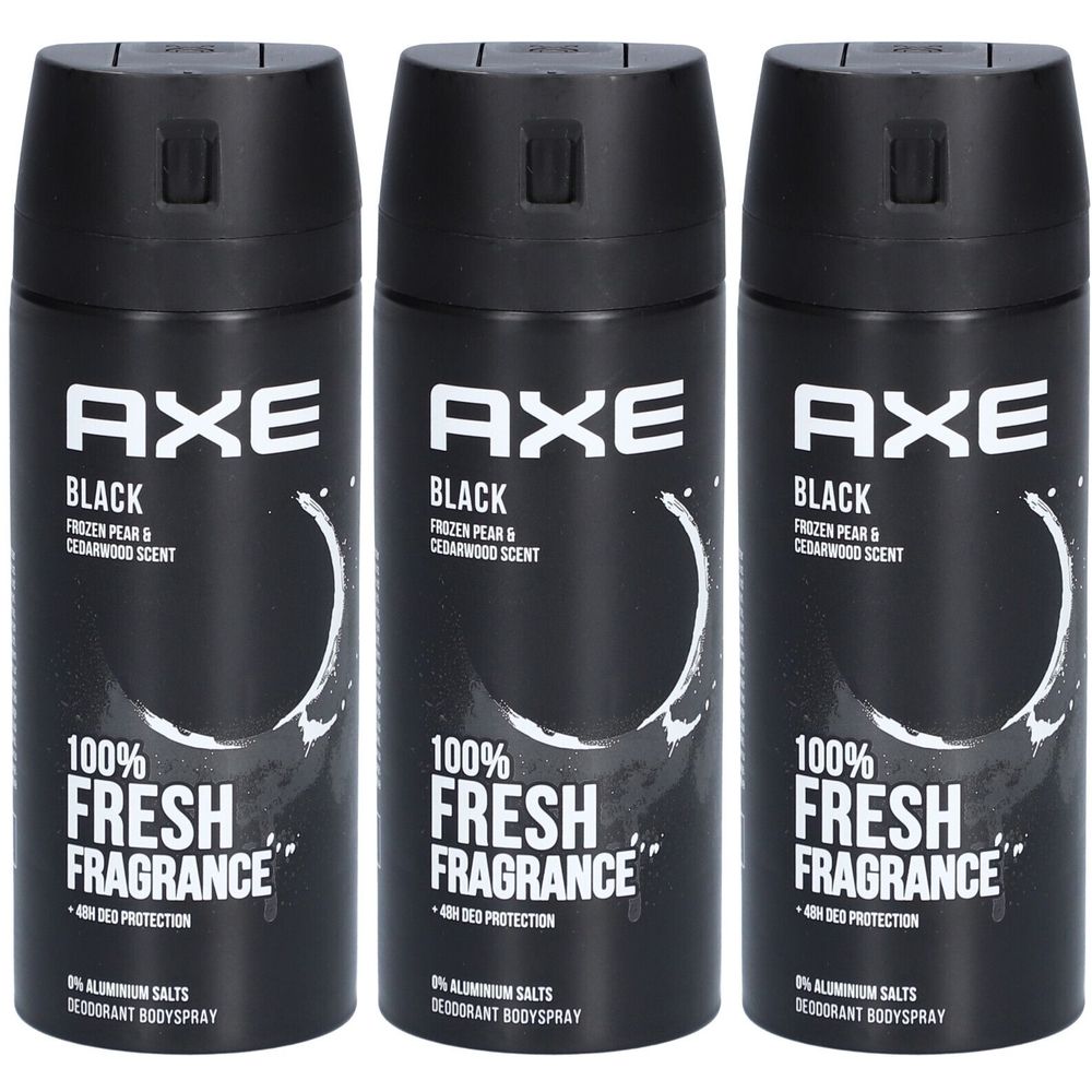 Trois déodorants noirs. Inscription: AXE Black, 100% Fresh Fragrance, protection 48h. Contient 0% sels d'aluminium.