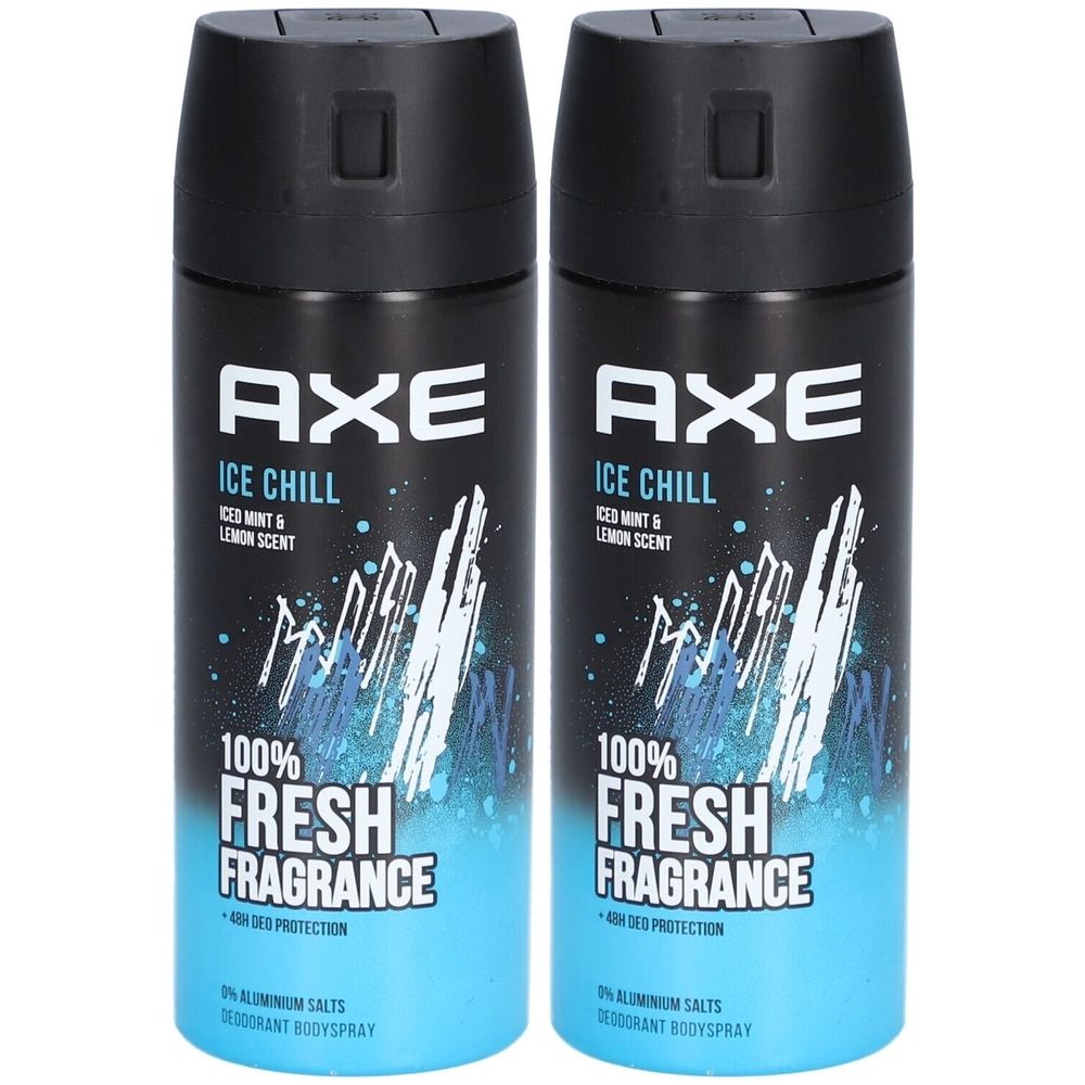 Zwei Deodorant-Sprays mit schwarzem Deckel. Aufschrift: AXE Ice Chill, 100% Fresh Fragrance. Blaue und weiße Grafik.