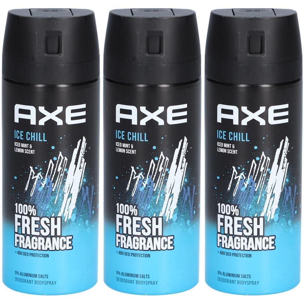 Trois déodorants AXE Ice Chill. Bouchon noir, base bleue, texte blanc. "100% Fresh Fragrance".