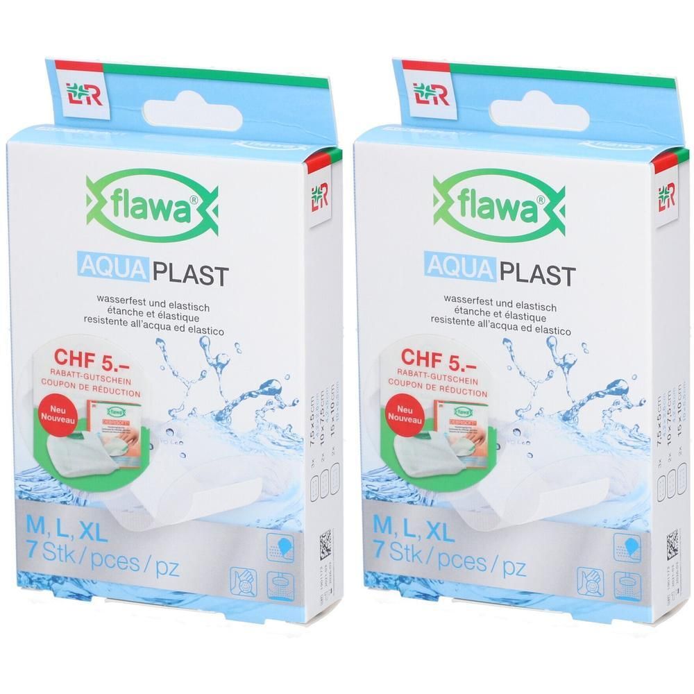 Deux paquets de pansements Flawa Aqua Plast, résistants à l'eau et élastiques, taille M, L, XL, 7 pièces par paquet.