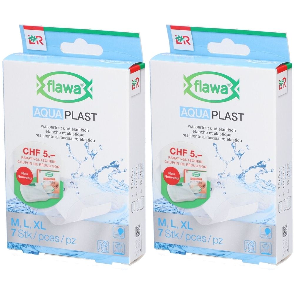 Deux boîtes de Flawa Aqua Plast. Boîtes blanches avec logo, texte et illustration du produit. Contient 7 pièces en tailles M, L, XL.