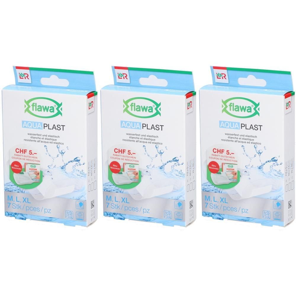 Trois paquets de pansements Flawa Aqua Plast, imperméables et respirants. Tailles M, L, XL. 7 pièces par paquet.