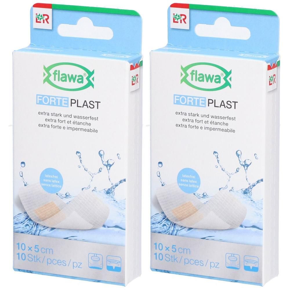 Deux paquets de pansements Flawa Forte Plast, 10x5cm, extra résistants et imperméables.