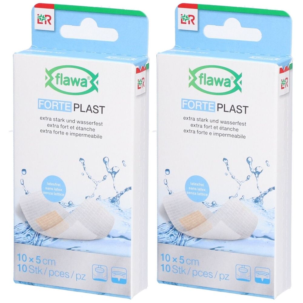 Zwei Packungen Flawa Forte Plast Pflaster. Aufschrift: extra stark und wasserfest. Größe: 10x5 cm, 10 Stück.