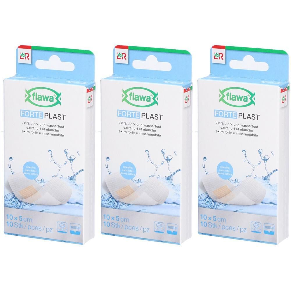 Trois paquets de pansements Flawa Forte Plast, 10 pièces de 10x5cm, extra résistants et imperméables.