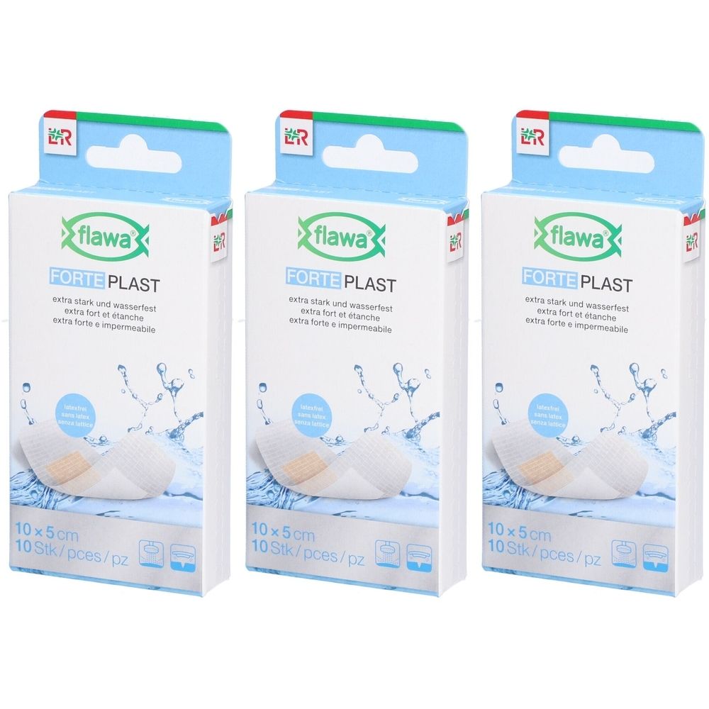 Drei Packungen Flawa Forte Plast. Weiße Schachteln mit blauer Oberseite. Aufdruck: Flawa, Forte Plast, 10x5cm, 10 Stück.