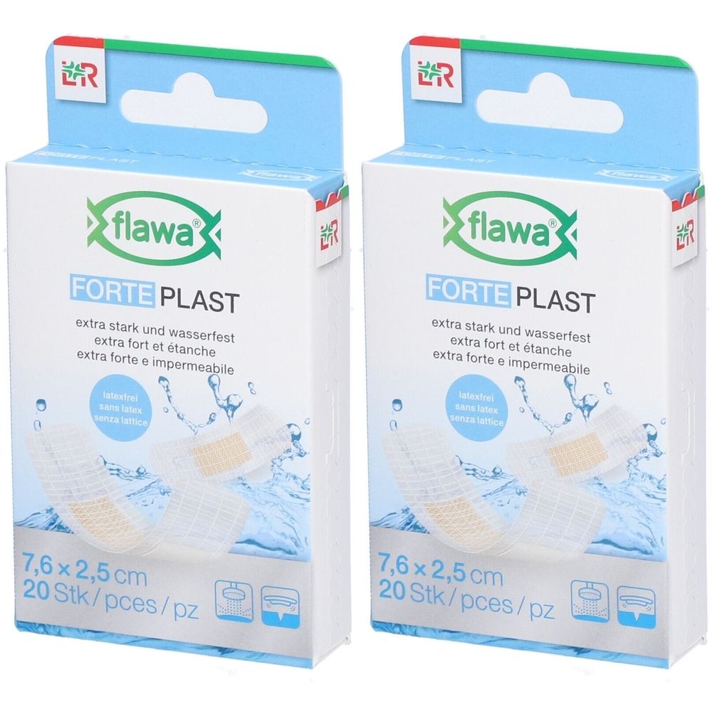 Zwei Packungen Flawa Forte Plast Pflaster. Weiße Verpackung mit Produktnamen und Größenangabe. Pflaster mit 7,6 x 2,5 cm.