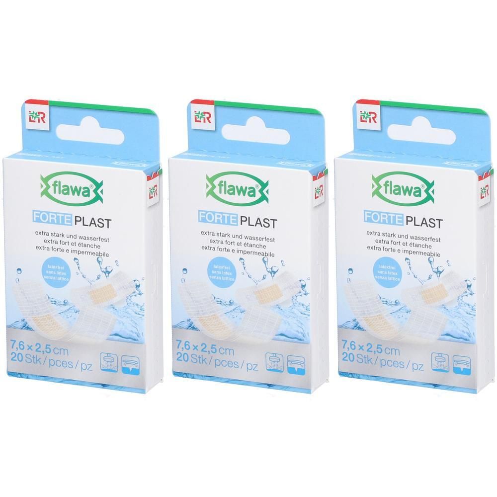 Trois paquets de pansements Flawa Forte Plast, 7,6x2,5cm, 20 pièces par paquet, extra résistants et imperméables.