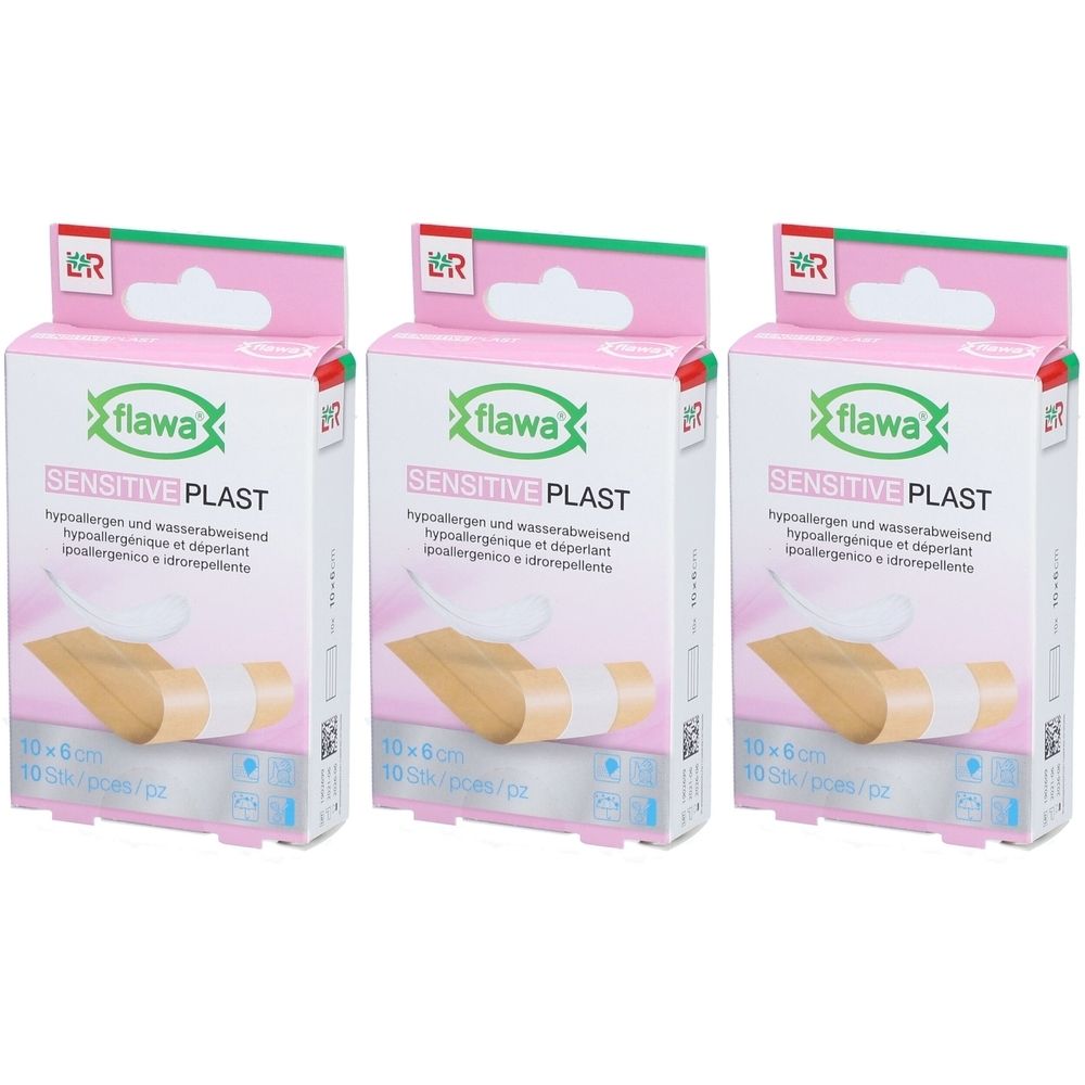 Drei Packungen Pflaster. Rosa Verpackung mit Produktnamen und Logo. Aufschrift: Sensitive Plast. Größe: 10x6 cm.