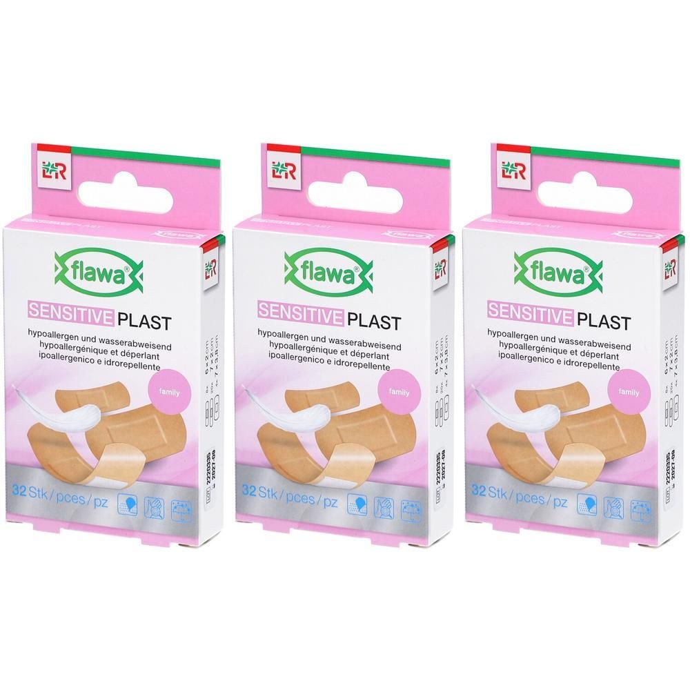 Trois paquets de pansements FLAWA Sensitive Plast, couleur chair, hypoallergéniques et résistants à l'eau.