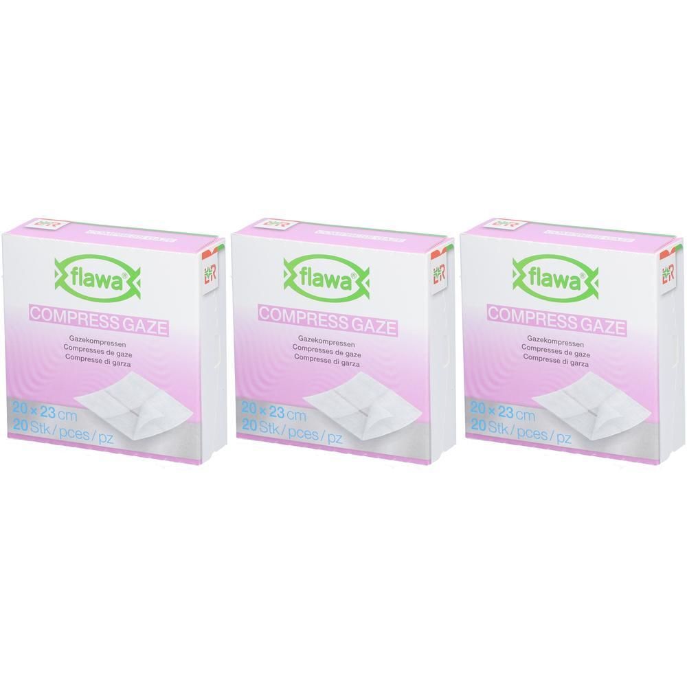 Trois paquets de compresses de gaze Flawa 20x23 cm.