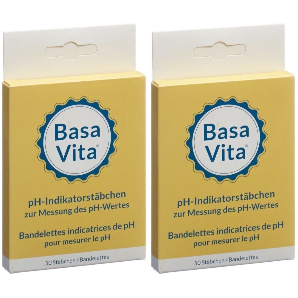 Zwei gelbe Kartons mit dem Logo Basa Vita. Aufschrift: pH-Indikatorstäbchen. 50 Stäbchen. Verpackung mit Aufhänger.