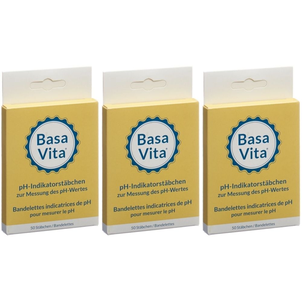 Drei Schachteln Basa Vita pH-Indikatorstäbchen. Gelbe Verpackung mit blauem Logo. Text in Deutsch und Französisch. Jede Schachtel hat eine Aufhängevorrichtung.