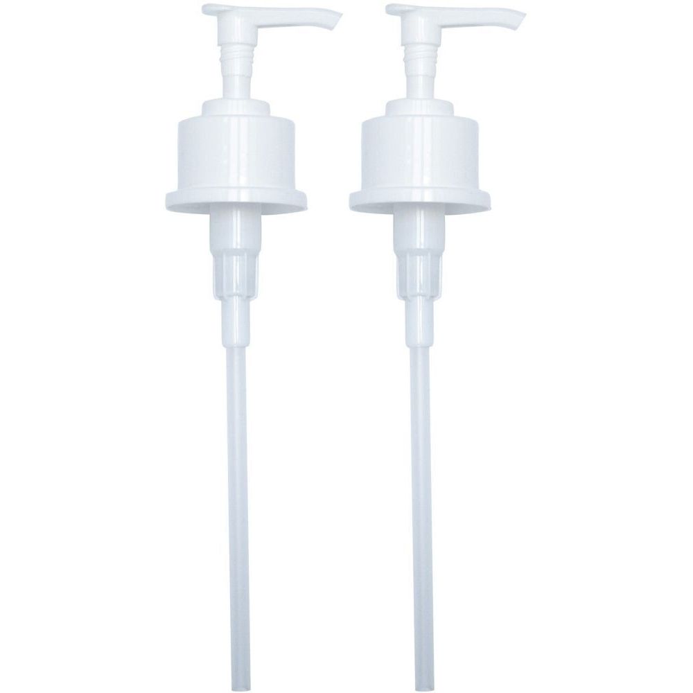 Deux pompes blanches avec bec verseur et long tube. Les pompes ont une tête cylindrique et un levier pour appuyer.