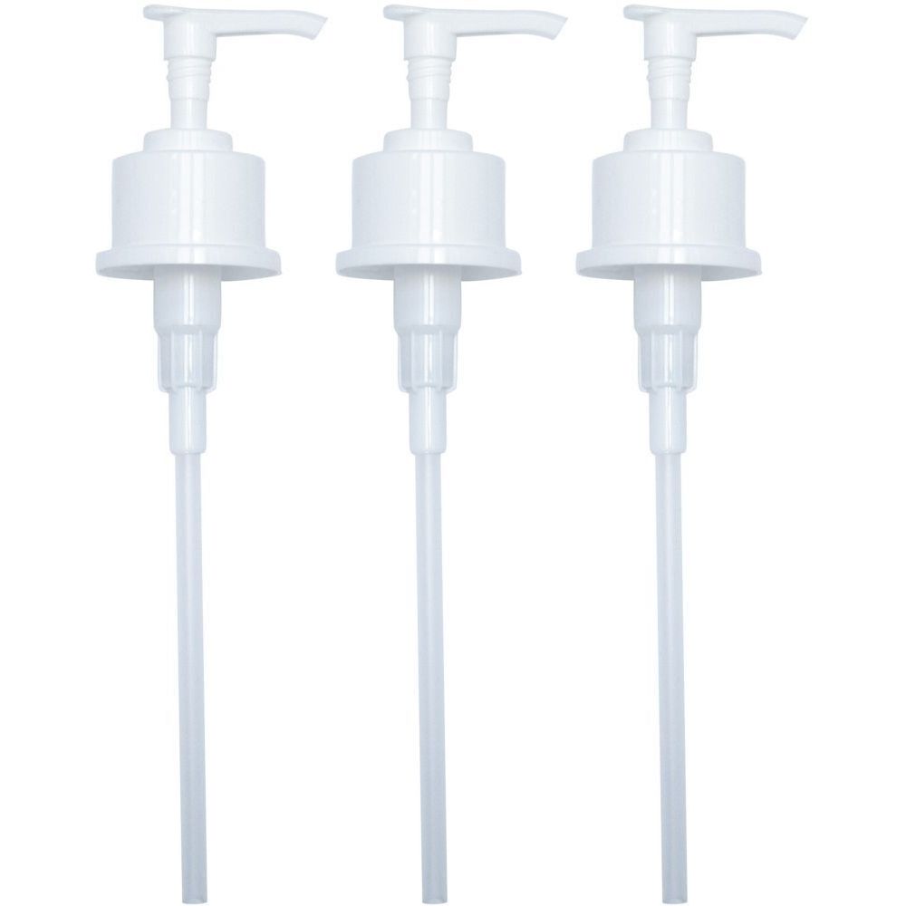 Trois pompes blanches à bec court. Chaque pompe a une tête cylindrique, un long tube fin et un levier.