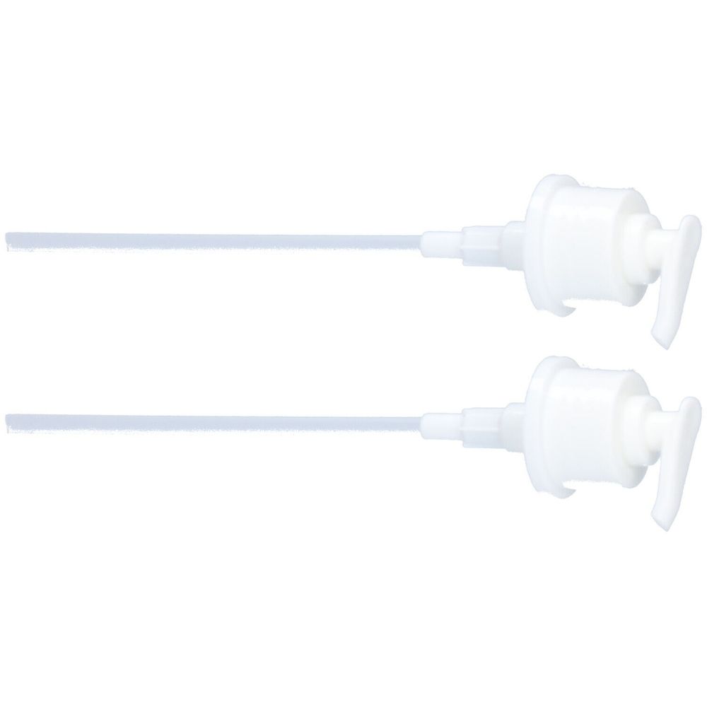 Deux pompes blanches à bec court. Chaque pompe comprend une tête de pompe, un bec et un long tube fin.