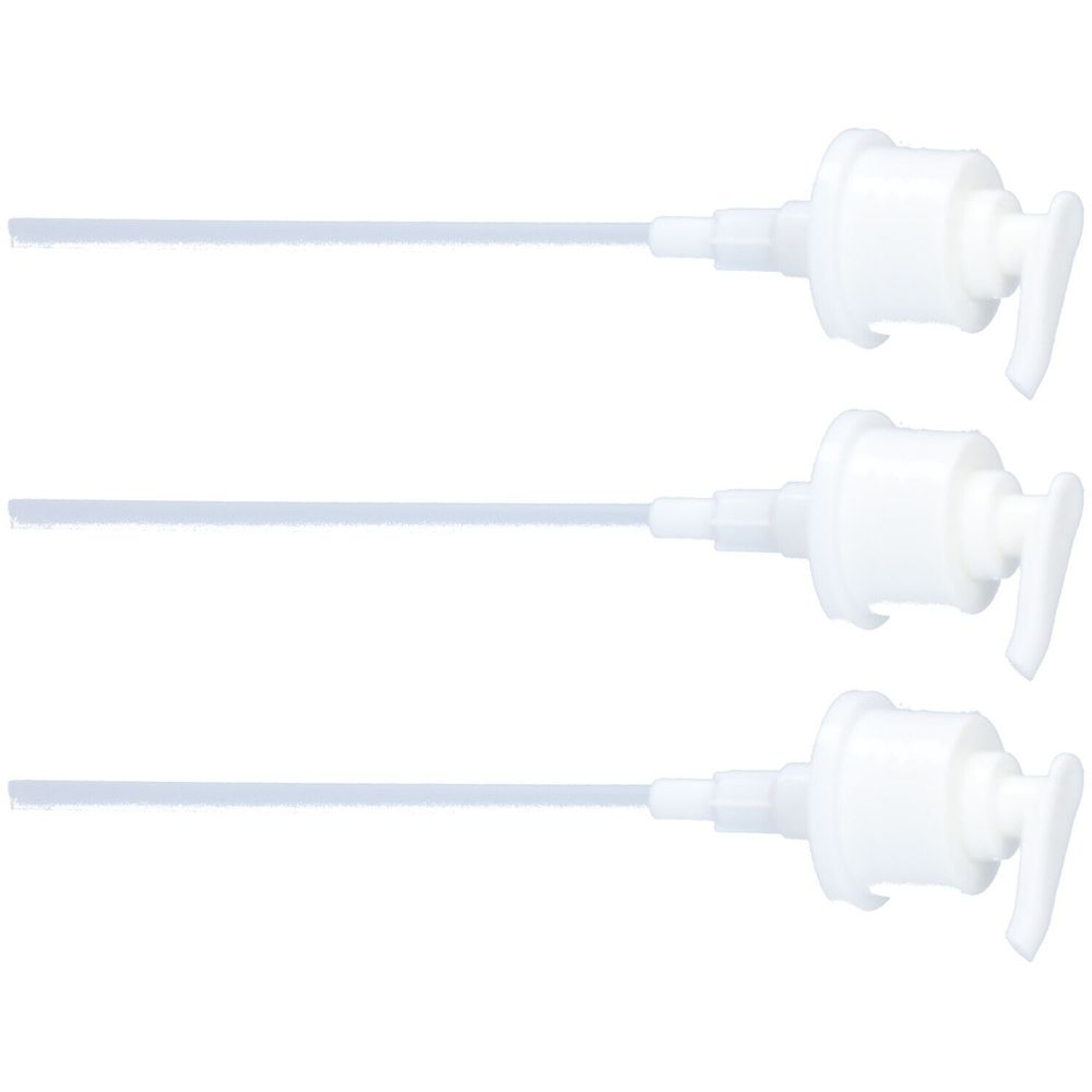 Trois pompes blanches avec bec long. Chaque pompe a une tête ronde et un levier.