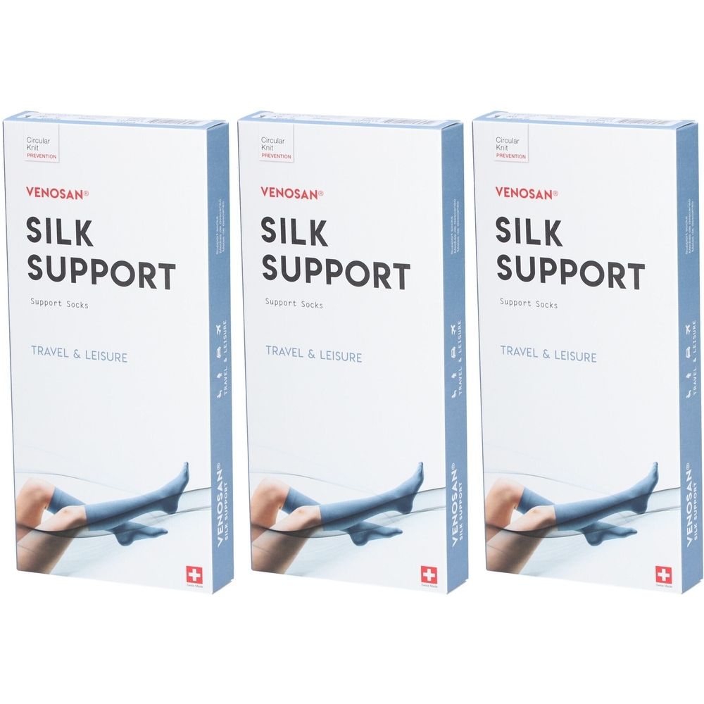 Trois boîtes VENOSAN SILK SUPPORT. Chaussettes de soutien illustrées. Croix suisse.