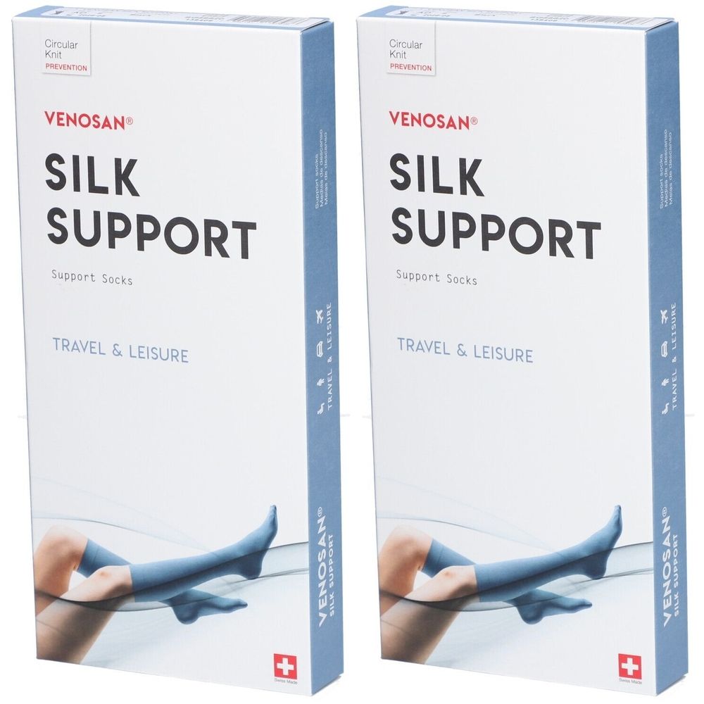 Zwei Schachteln mit VENOSAN SILK SUPPORT-Stützsocken. Aufdruck: TRAVEL & LEISURE. Schweizer Kreuz.