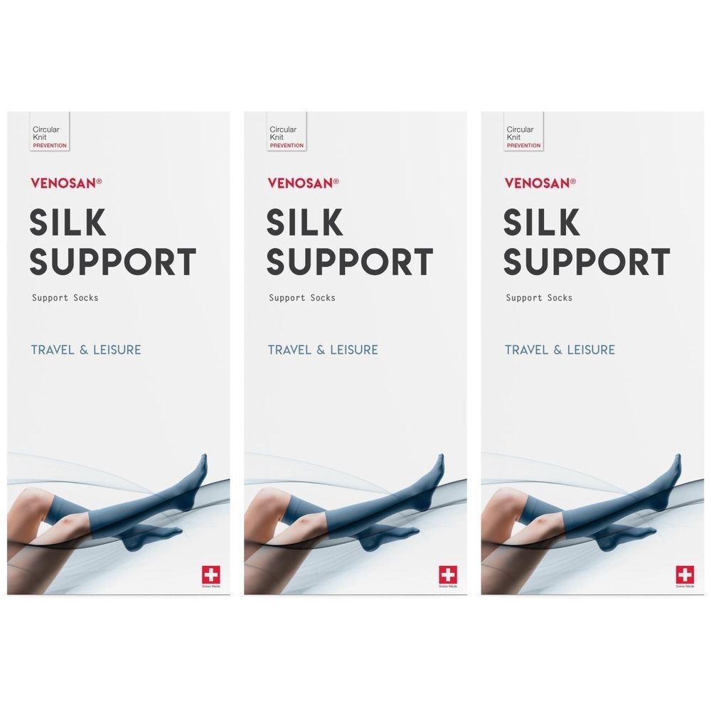 Trois boîtes de bas de soutien VENOSAN Silk Support. Sur chaque boîte : marque, nom du produit, type de produit, croix suisse et illustration d'une jambe avec bas.