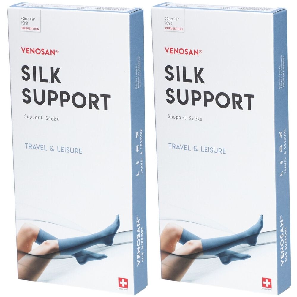Zwei Produktverpackungen. Aufschrift: VENOSAN SILK SUPPORT, Stützstrümpfe. Schweizer Kreuz. Abbildung: Bein mit Strumpf.