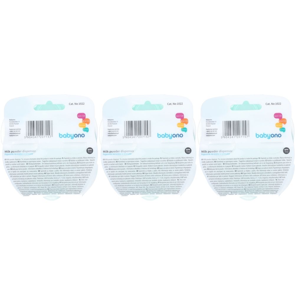 Trois distributeurs de poudre Babyono emballés. Dos avec code-barres, texte et logo. En haut: suspension vert clair.