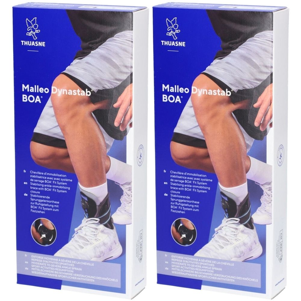 Zwei Produktverpackungen. Aufschrift: THUASNE, Malleo Dynastab BOA. Gezeigt wird ein Knöchel mit Bandage. Blaue und weiße Verpackung.