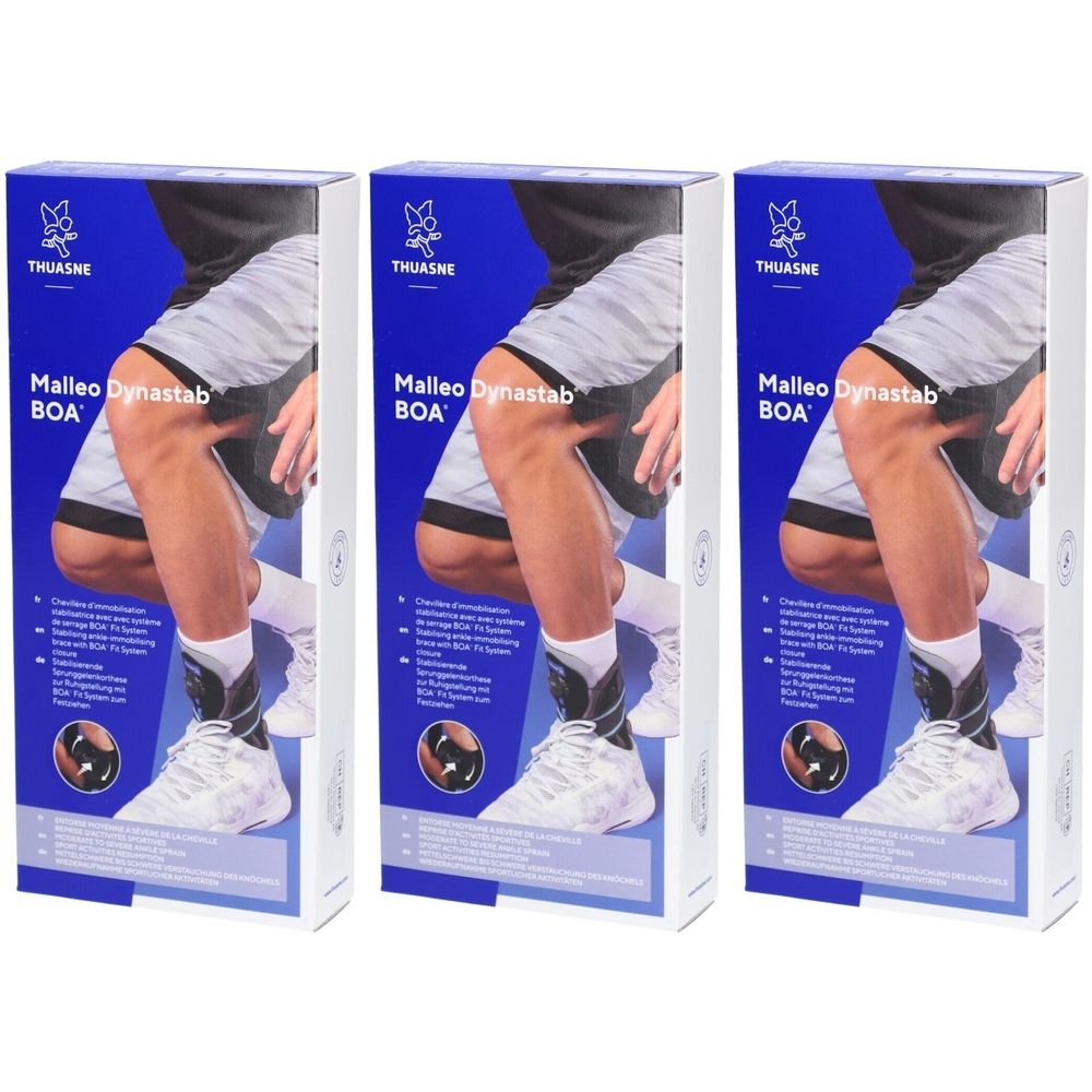 Drei Produktverpackungen. Auf jeder Verpackung ist ein Bein mit Knöchelbandage abgebildet. Text: THUASNE, Malleo Dynastab BOA.