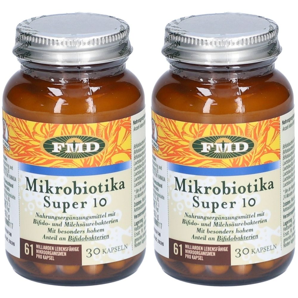 Zwei braune Glasflaschen mit silbernen Deckeln. Auf den Etiketten steht "Mikrobiotika Super 10".