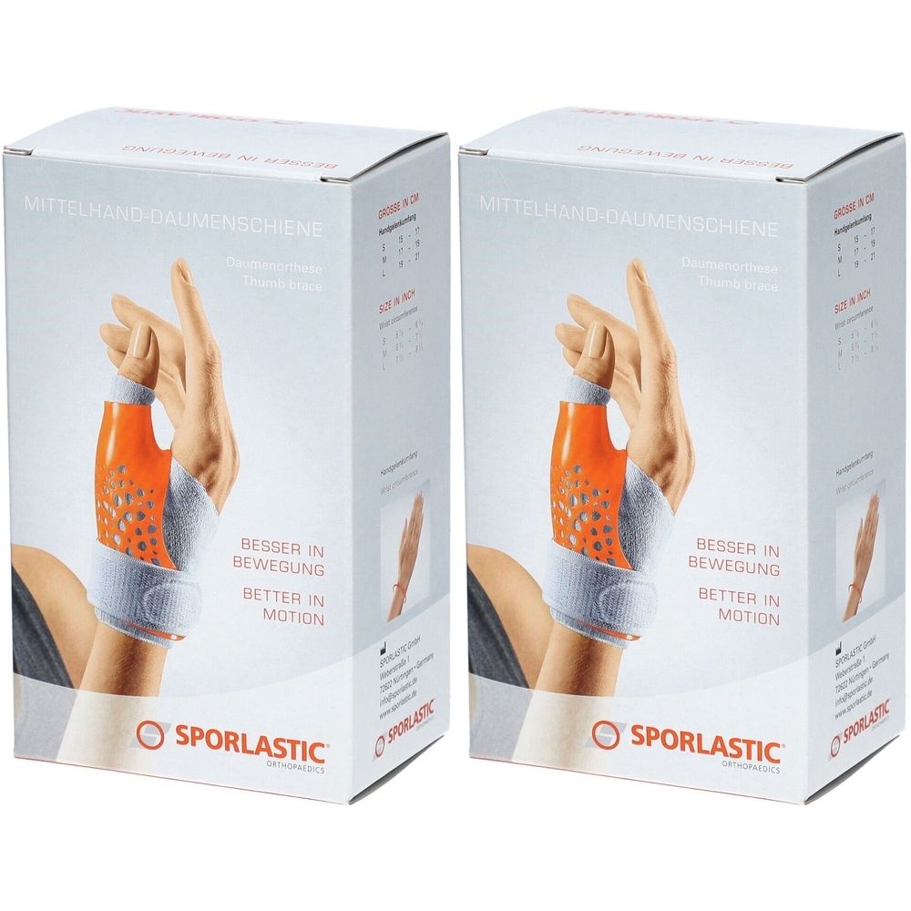 Zwei Produktverpackungen. Aufdruck: Mittelhand-Daumenschiene. Gezeigt wird eine Hand mit Orthese. Marke: SPORLASTIC.