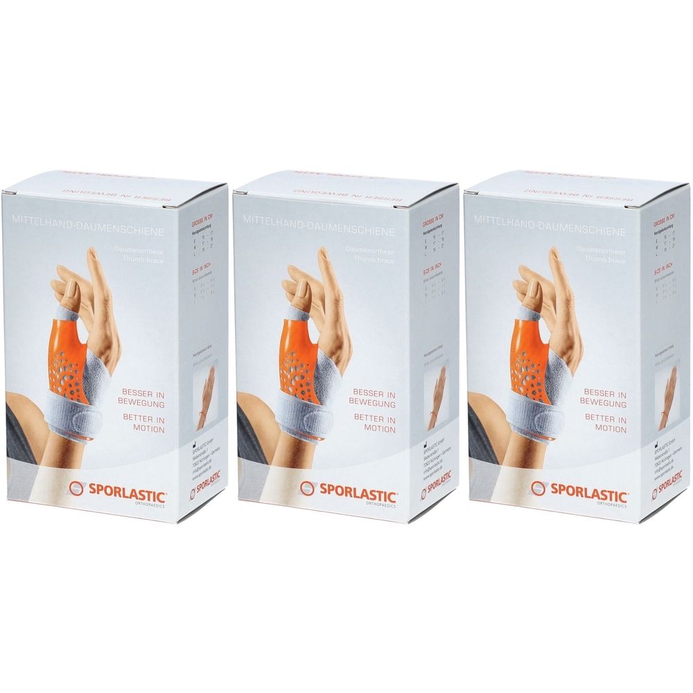 Drei Produktverpackungen der SPORLASTIC Mittelhand Daumenschiene. Die Schiene ist orange und weiß. Auf der Verpackung ist eine Hand abgebildet.