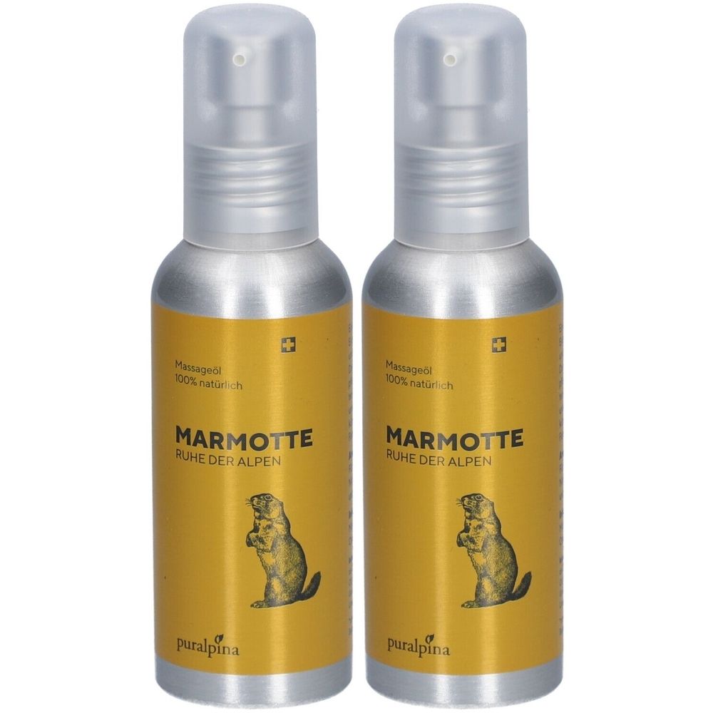 Deux flacons d'huile de massage. Flacons argentés avec étiquettes jaunes. Inscription: MARMOTTE RUHE DER ALPEN. Illustration d'une marmotte.