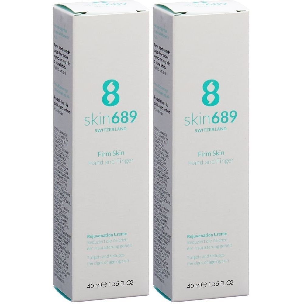 Zwei weiße Schachteln mit Produktaufdruck. Aufschrift: skin689, Firm Skin Hand and Finger. Volumen: 40ml.