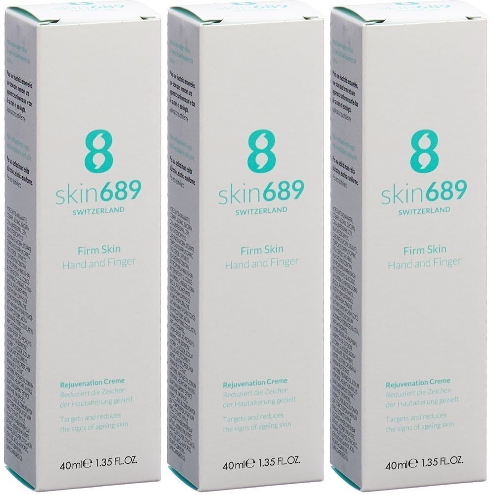 Drei Schachteln mit der Aufschrift "skin689 Firm Skin Hand and Finger". Auf jeder Schachtel steht "40ml 1.35 FL.OZ".