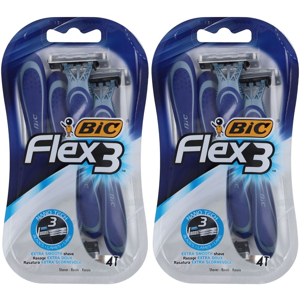 Zwei Packungen BiC Flex 3 Einwegrasierer. Blaue Griffe, drei Klingen. Verpackung mit Produktnamen und Logo.