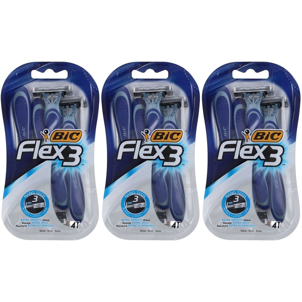 Trois paquets de rasoirs jetables BiC Flex 3 pour hommes. Chaque paquet contient des rasoirs dans un emballage bleu. Visible : marque, nom du produit, nombre de lames.