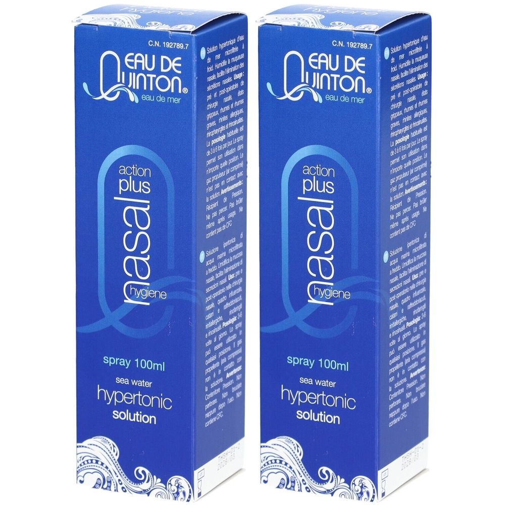 Deux boîtes bleues avec impression du produit. Inscription: EAU DE QUINTON, nasal, action plus, solution hypertonique. Spray 100ml.