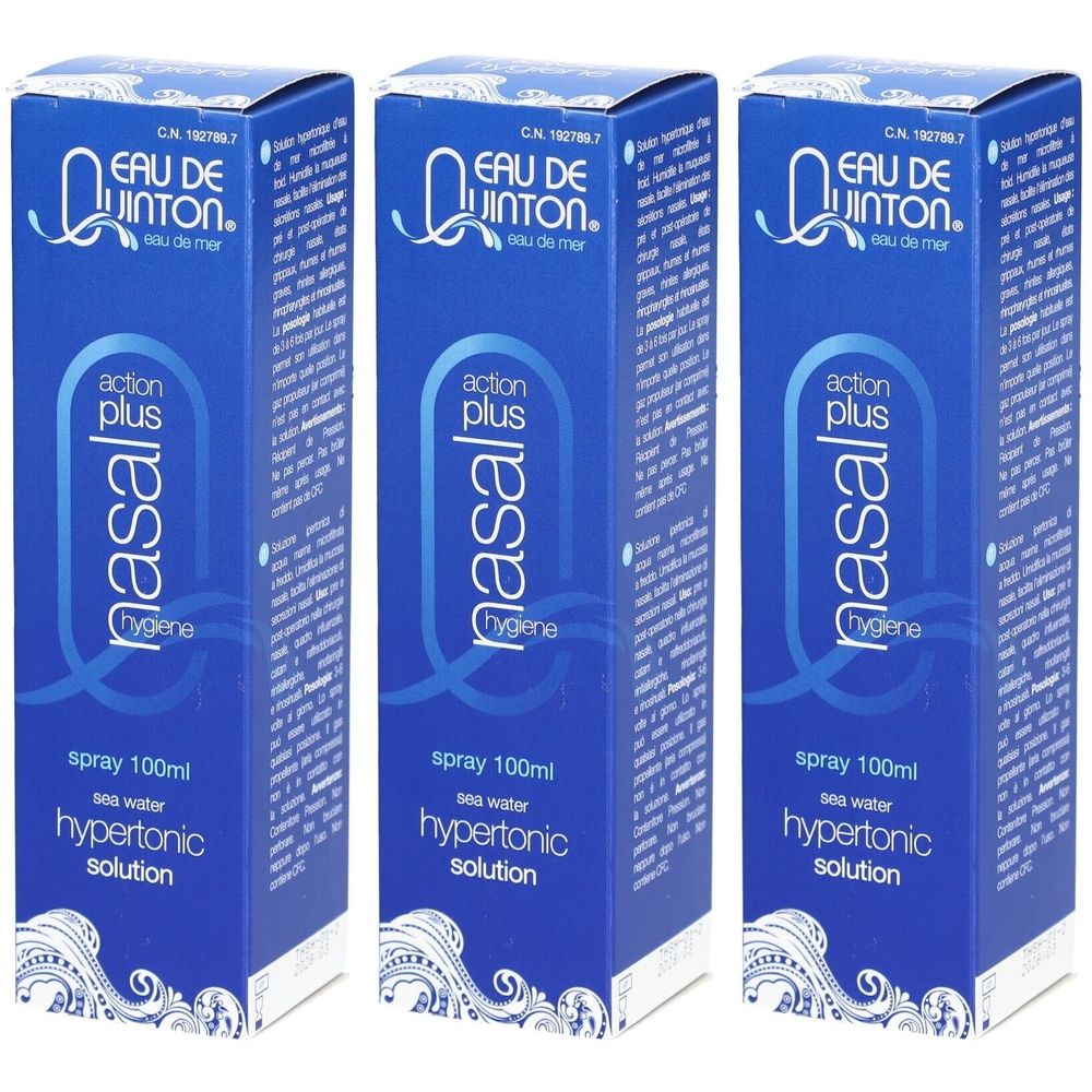 Trois boîtes bleues avec impression du produit. Inscription: EAU DE QUINTON, spray nasal, solution hypertonique. 100ml.