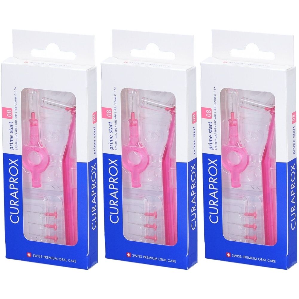 Drei Packungen CURAPROX Interdentalbürsten. Jede Packung enthält eine rosa Bürste und Ersatzbürsten. Aufdruck: prime start 08.