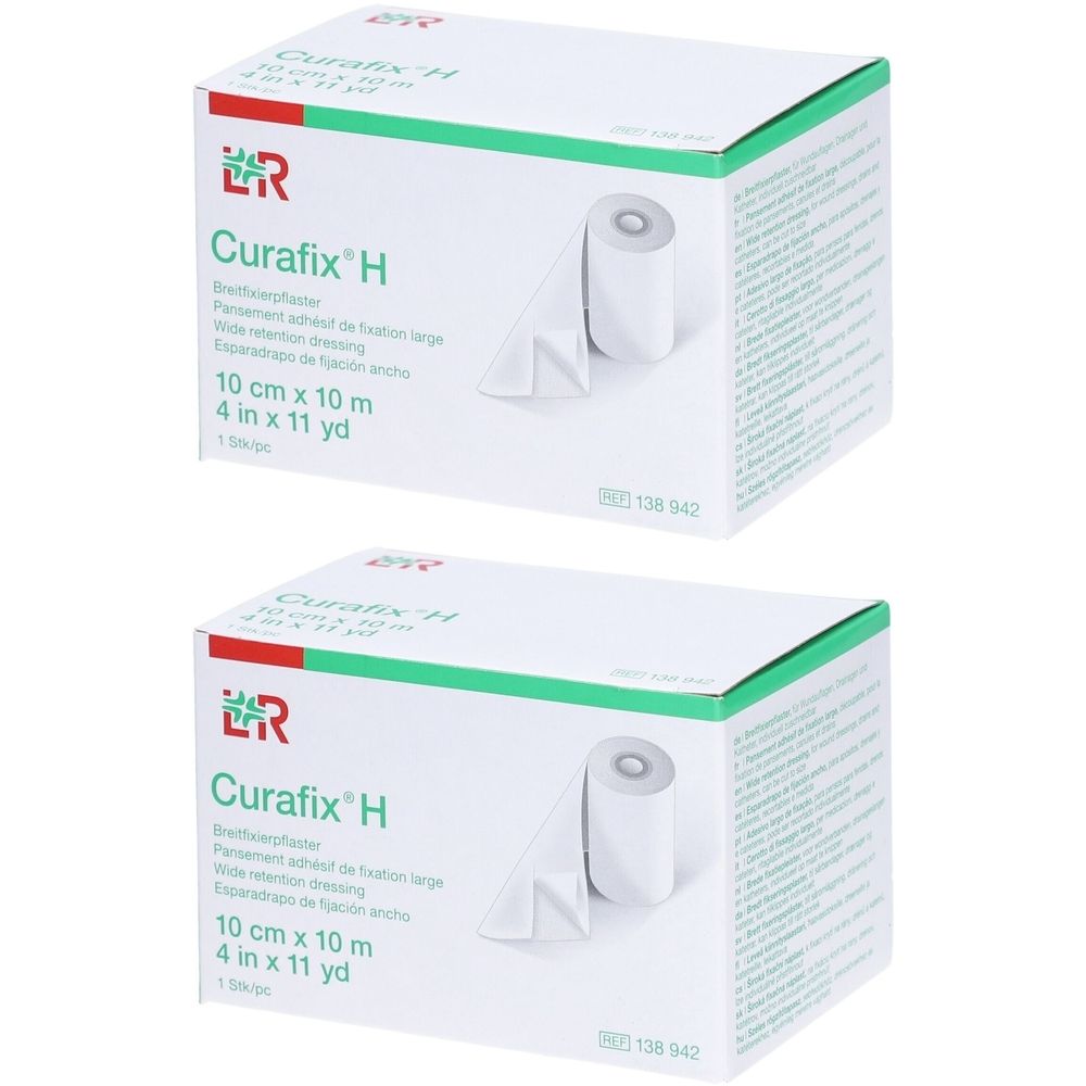 Deux boîtes de pansements Curafix® H. Impression : 10 cm x 10 m. Rouleau de pansement et emballage à bord vert.
