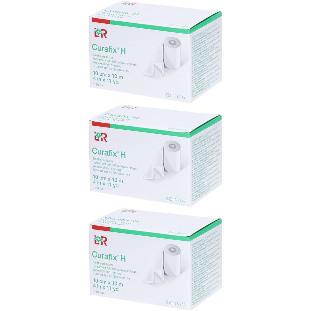 Trois boîtes de pansements blancs. Inscription : Curafix H, 10 cm x 10 m, 4 in x 11 yd. Emballage vert et blanc avec logo rouge.