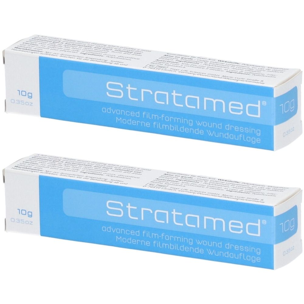 Zwei Schachteln STRATAMED®. Blaue und weiße Verpackung. Aufschrift: 10g, Stratamed, moderne filmbildende Wundauflage.