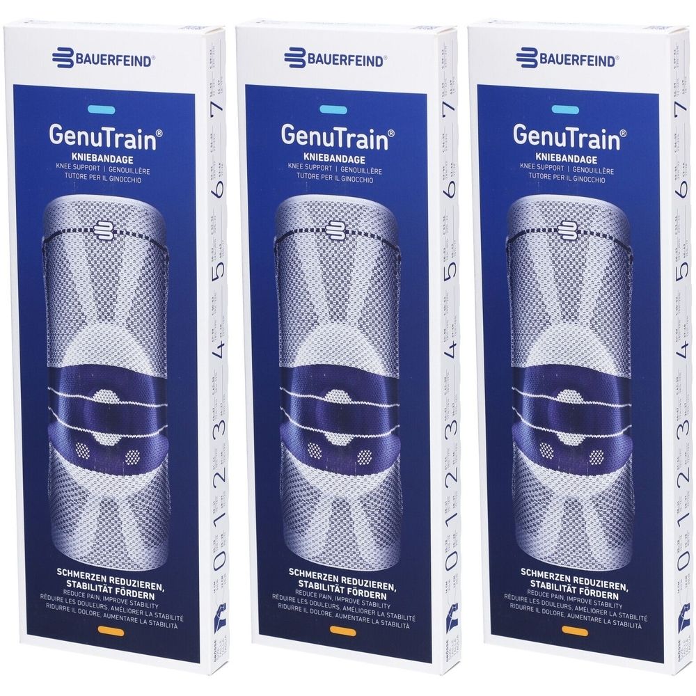 Drei Produktverpackungen der Marke BAUERFEIND. Auf jeder Verpackung ist eine Kniebandage abgebildet. Der Schriftzug GenuTrain ist deutlich sichtbar.