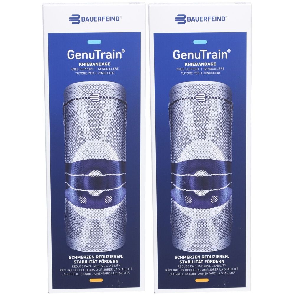 Zwei Kniebandagen in Verpackung. Marke: BAUERFEIND. Produktname: GenuTrain. Text: Schmerzen reduzieren, Stabilität fördern.