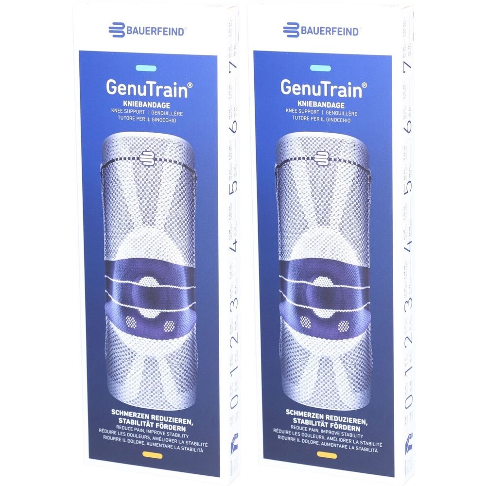Deux boîtes de genouillères BAUERFEIND GenuTrain. Couleurs bleu et blanc. Texte : Réduire la douleur, améliorer la stabilité.