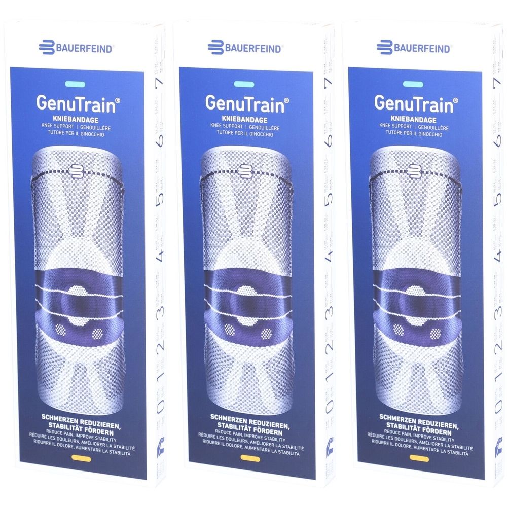 Trois boîtes de genouillère GenuTrain de Bauerfeind. Les emballages présentent le produit et des informations.