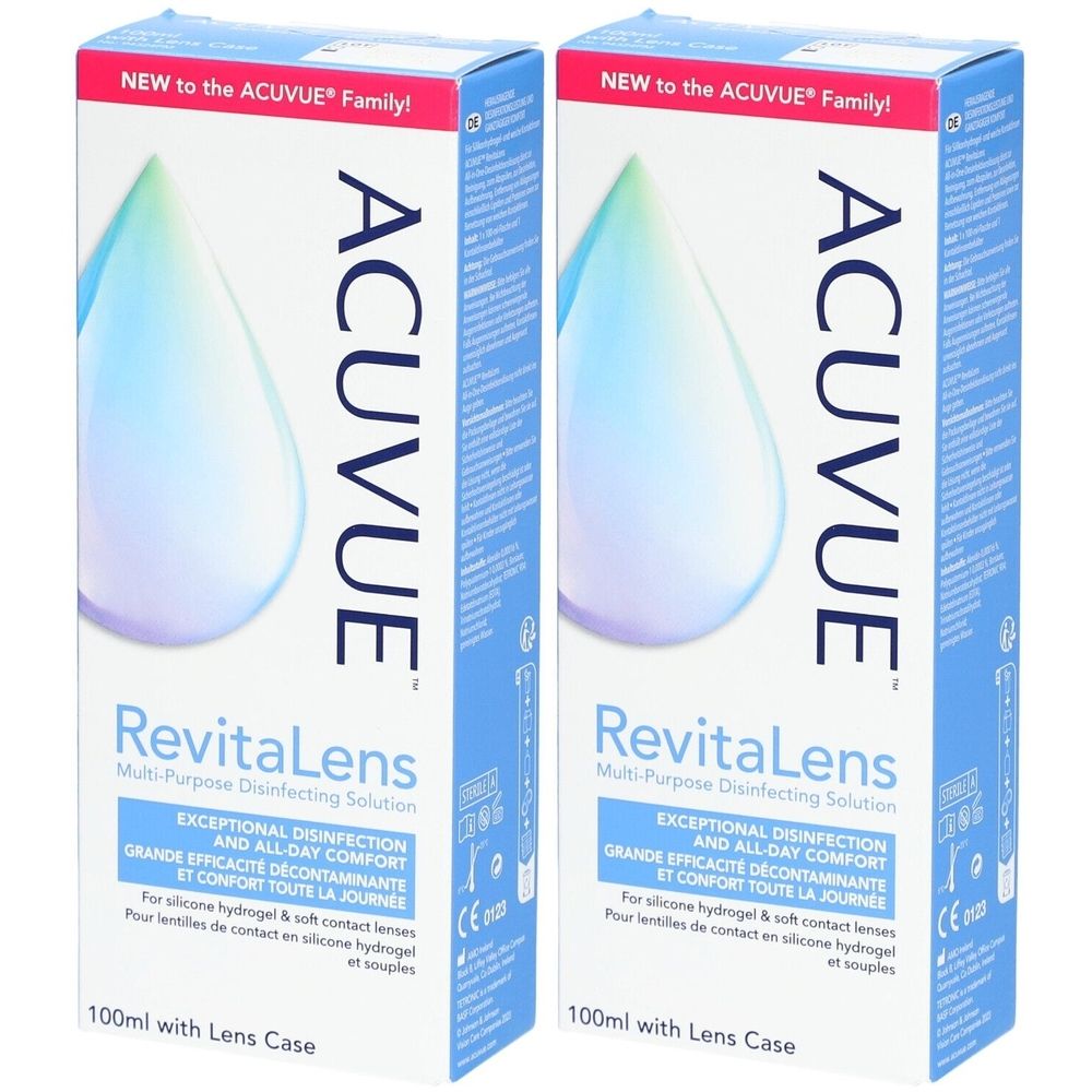 Deux boîtes de ACUVUE RevitaLens. Emballage bleu et blanc avec nom du produit et marquage CE. Contient 100 ml avec étui à lentilles.